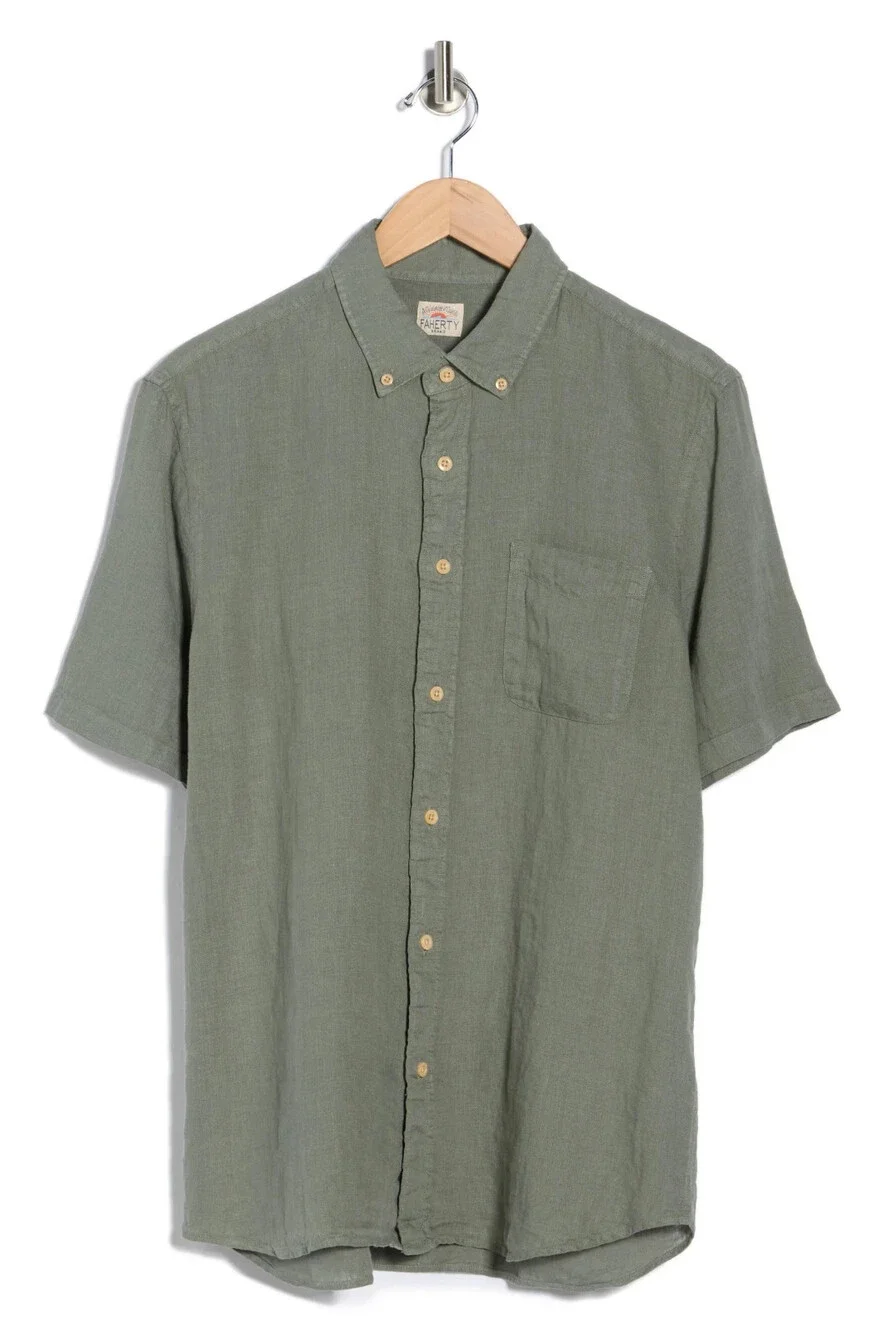 Faherty Laguna Linen Shirt Men’s Medium Spruce Green 100% Linen Short Sleeve